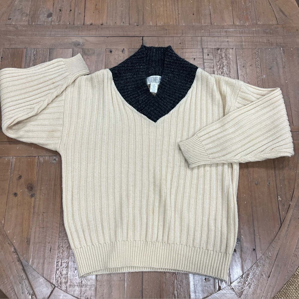 Vintage Union Bay V-Neck Cream Ribbed Sweater Men’s Medium 90s Knit Varsity